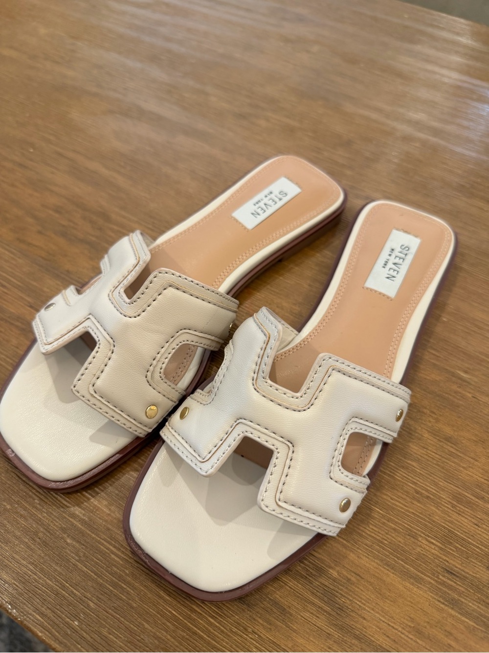 Steven by Steve Madden Cream Leather Cutout Slide Sandals